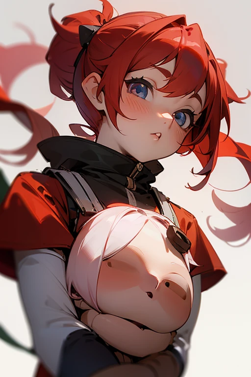 A Female Gnome with Red Hair styled into pigtails Hazel Eyes and Pale Skin with Rosey Cheeks