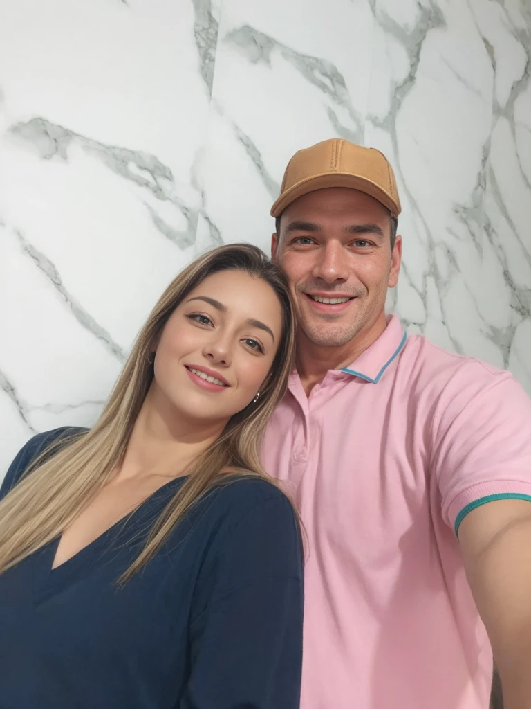 realistic photo couple man in hat and she with long hair and green eyes
