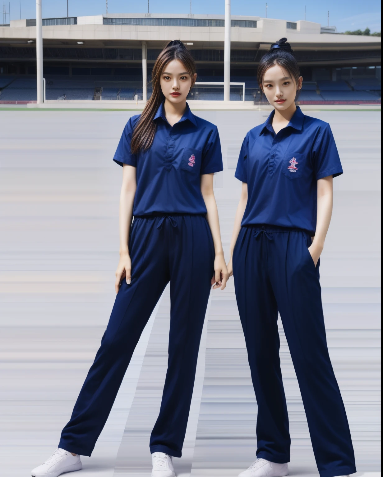 (bestquality,10,10,highres,masterpiece:1.2),ultra-detail,(Realistic,photorealistic portrait,photo-realistic:1.37),1 Cute girl in the football field,oily shiny skin,bara,light smile,BDclothes,((blue shirt:1.3)),short sleeves,shirt, trousers.,(navy_long_Pants Track:1.1), ((Stadium Background:1.3)),dynamic angle,excited,face focus,Dynamic Poses,from behide,Ass Focus,masterpiece, bestquality, ultra realistic, hyper-detail, 8k resolution, RAW photo, crisp focus, ((Navy blue shirt:1.1)), short sleeves, Long Path, Perfect body, 2 mature women, 18yo, cinematic light,Blue sweatpants,Gymware,Correct anatomy,Complete body, Correct body, sharp face, Anatomically correct body, full entire body, Realistic gestures, long-haired, Realistic poses,Wear long shorts..........................,Long leg span,Shapely,Sculpting Girl, Slender Figure, mannequin mannequins, Shapely, Beautiful body,Blue sweatpants, Two girls kissing