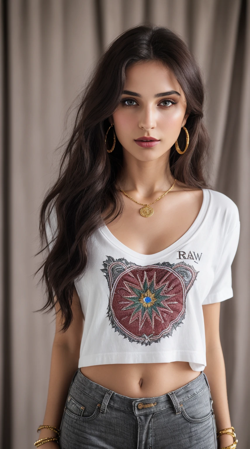 Wavy brown hair, (RAW photo, realism: 1.8), (very dark lip gloss, Red lipstick, many eyelashes, dark black eye shadow, shy, blushing, high quality, high resolution, depth of field, chromatic aberration, caustic, wide light, natural colors, 30 year old woman), Thin neck gold chain, small earrings, gold bracelets, wear many accessories, very soft large breasts, style A good woman, ((Best Quality, 8k, Masterpiece:1.3)), Focus: 1.2, Perfect Body Beauty: 1.4, Arabian 27 years old woman: 1.2, ((Long black Hair)), (Black Baggy basic tee-shirt:1.1) , basic full body length tee-shirt, Dark blue skinny jeans, long torn jeans: 1.1, Highly detailed face and skin texture, Detailed eyes, Double eyelids, toned body, Whitened skin, minor smile, large breasts, toned legs, beautiful detailed feets, High heel's, detailed feets and fingers, perfect feet's, whitened skin, detailed eyes and face, middle eastern woman, baggy basic tee-shirt, simple plain Baggy Tee-shirt, No print on Teeshirt, toned hips, 8K UHD, gold anklets, neck gold chain, model looks, standing in studio for shoot, carrying brown leather hand bag, golden wrist watch, bracelet, bangle's open legs style Posing, studio fashion shoot, gray background, white floor,