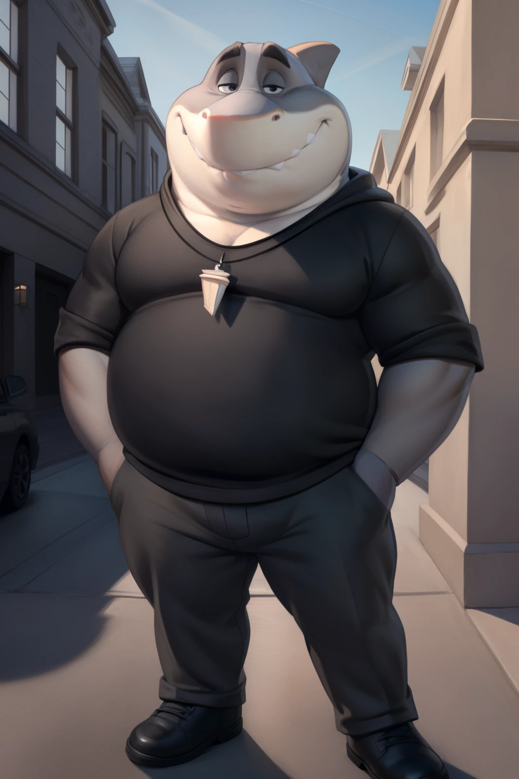 mr shark, plump, fat, belly, black eyes, (pose:1.3), (posing:1.3), (soft shading), 4k, hi res, five fingers, detailed hands, ((detailed face, (detailed eyes:1.0), detailed)), (full body), by zackarry911, by zaush, (by personalami:0.5),  looking at viewer, shirt, 1boy, black hooded sweater, hood down showing face, black pants, dark blue shoes, male focus, pants, black shirt, dog tags, gray pants, giant head, huge head, big head