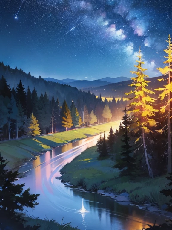 night sky full of stars、landscapes、the woods、a river