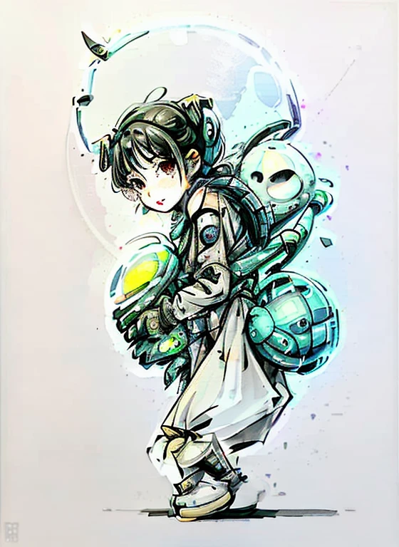 Cute futuristic technology colorful one with a clock on her face、Drawing of robot carrying backpack, anthropomorphic robot [ thing ], creepy explorer sketch, portrait of a small, octopus wearing a spacesuit, as an anthropomorphic turtle, gray anthropomorphic, Portrait of Spider-Man, Minions as Lovecraftian Monsters, pencil doodle, Portrait of Lucha Libre DJ