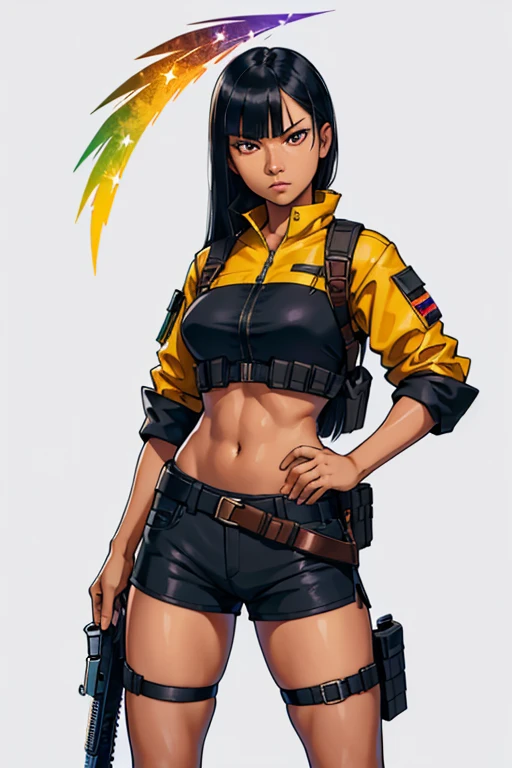 Rainbow Six girl, Filipino Woman, 24-years-old, tanned bronze skin, amber eyes, long black hair with straight bangs black shorts with holster, black clothes, tactical holster, and holding pistol, shooting, shot, shots, spark, angry, Fighting, fight,