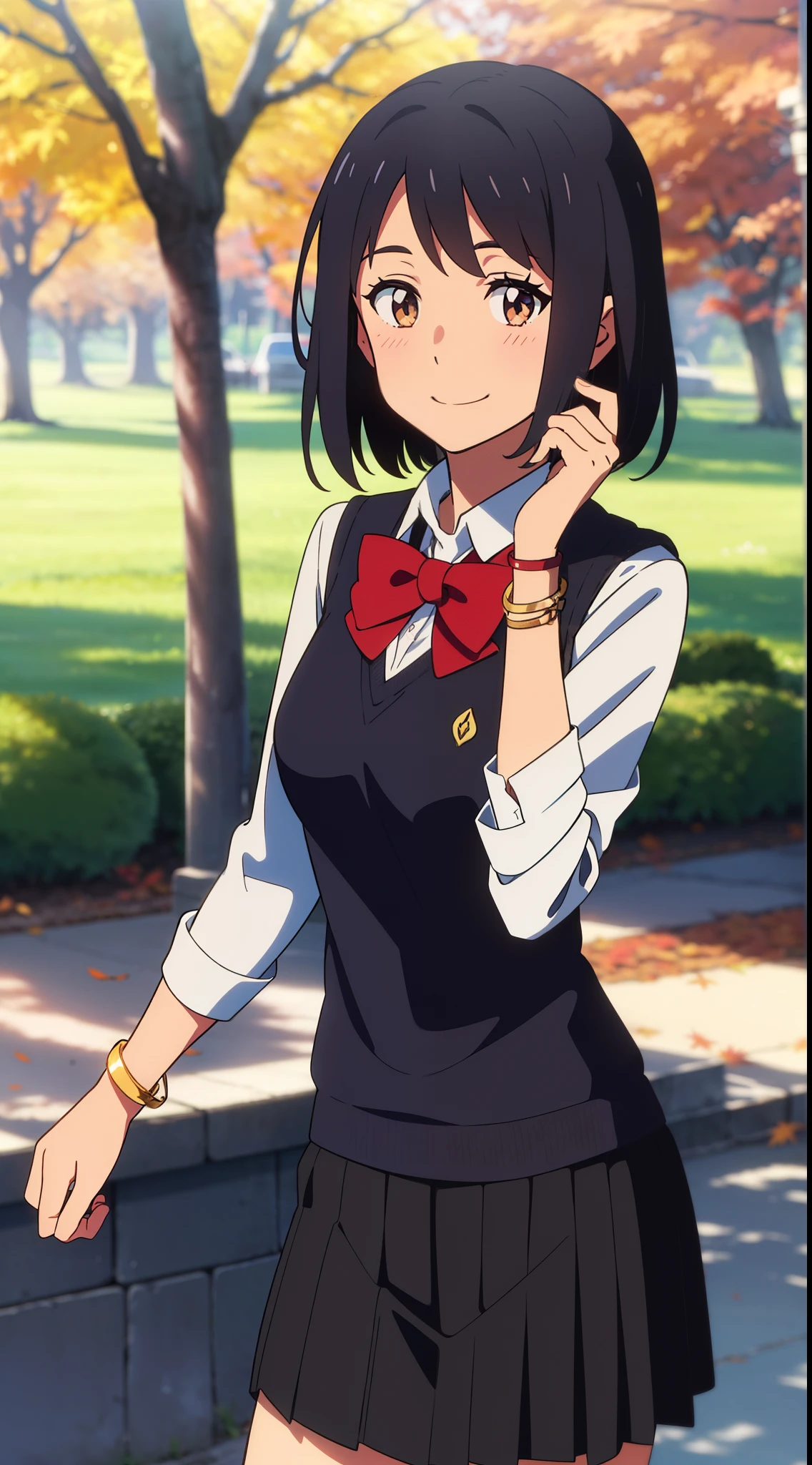(masterpiece, best quality, high quality, highres, ultra-detailed), shinkai makoto, kimi no na wa., 1girl, bangs, black hair, blush, bright eyes, brown eyes, headband, looking at the viewer, red bow, red headband, red ribbon, school uniform, shirt, sweater vest, vest, white shirt, black sweater vest, black vest, skirt, black skirt, long sleeves, short hair, medium breasts, solo, day, Outdoors, shiny skin, standing, shadow, smile, happy, bracelet, upper-body, {{{{{{in autumn}}}}}}, maple tree, falling leaves, autumn scenery, warm color., beautiful, pretty, {{{{fluttering leaves}}}}