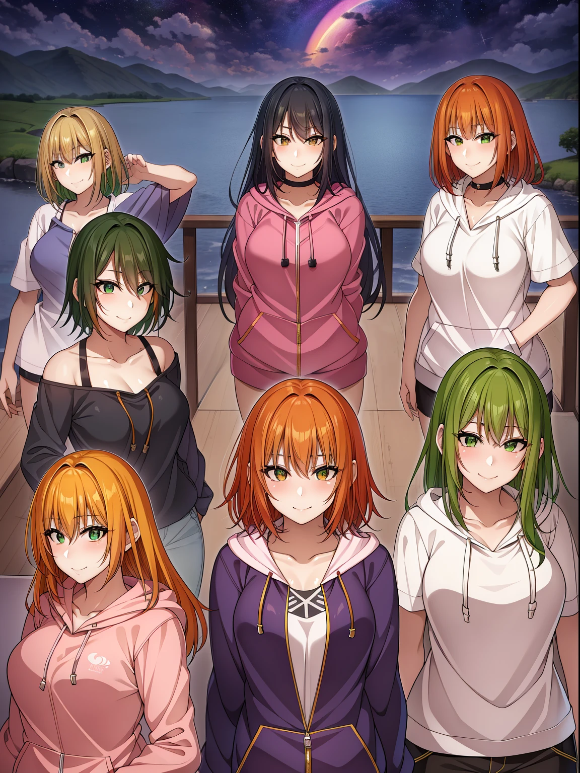 细致背景、masterpiece、top-quality、A smile、takanashi kiara、gradation hair、Orange hair、green hair hoodie、portlate、neons、Grapffiti、Dark、knight、radiant eyes、blacklight