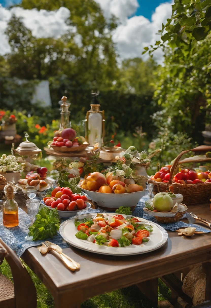 on the garden，There is a dining table，There is abundant food on it，with blue sky and white clouds，