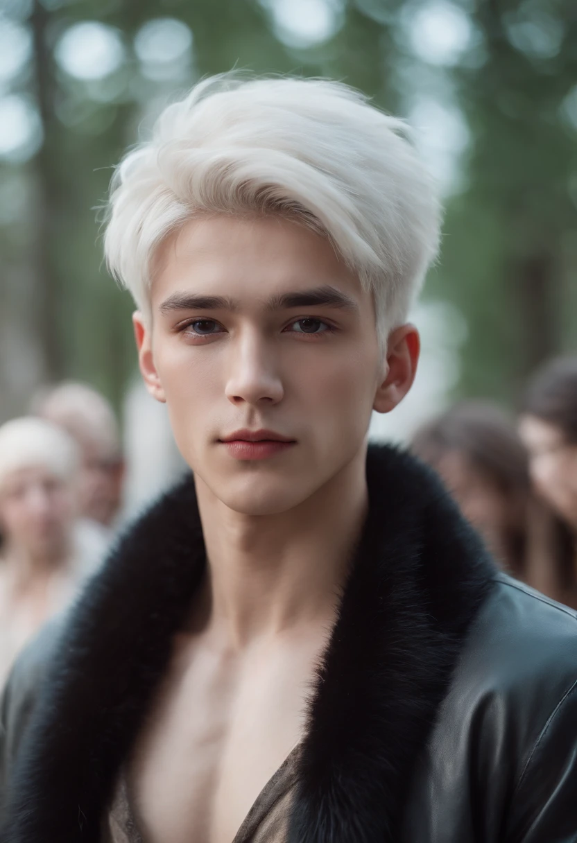 A young man, 20 years old, White hair, 2 block haircuts , Shirtless, Wearing a black fur coat , Reality Photography, Reality Skin, Detailed skin, glowing light eyes, biomechanical, eery, creepy, nightmarish, Very bright colors, light Particle, with light glowing, Musif, Wallpaper Art, UHD Wallpapers