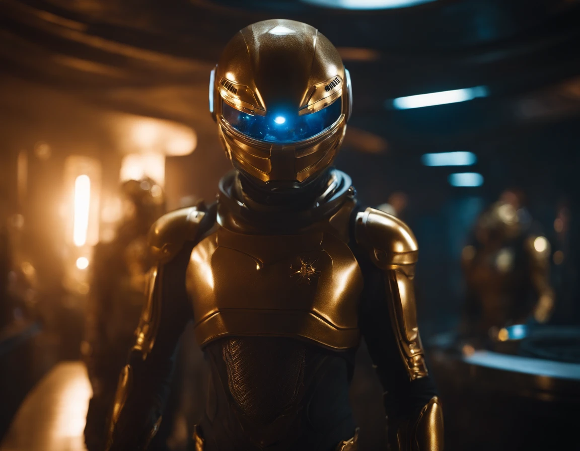 A team of Interestelar explores characters stands ready for a magical adventure in outer space. The central figure is a charming and charismatic man with piercing eyes and a modern space suit adorned with a golden mythical emblem, striking in a heroic stance. Accompanying them are an extraterrestrial-like figure, an astonishing beautiful woman with glowing facial markings, and a fierce humanoid android with fiery eyes. The group is enveloped in a vibrant deep space light that highlights their power and unity, infusing the scene with a sense of epic and anticipation, UHD