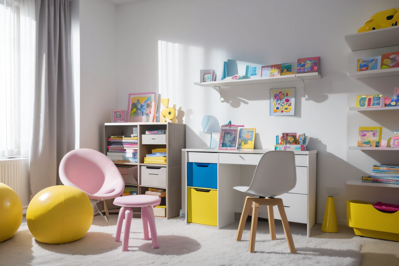(Best quality at best,4K,8K,A high resolution,tmasterpiece:1.2),ultra - detailed,(actual,realisticlying,Photorealistic:1.37),White Room,white wall,Sunlight shines in from the side,white shelf, Colorful toys and books are neatly arranged, Stylish fabric chair, gray fabric chair, gaming bedroom, Half cabinet with drawers, White cabinet, Cheerful and lively, Colorful round ornaments, furniture and decor, clean and uncluttered, Boy's room, kids toy, Gamine, kids toy, framed photo, Color, muted colors with minimalism, colorful picture, yellow stool on gray carpet, gray short rug