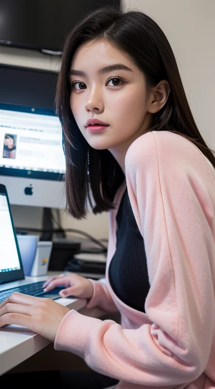 A young woman sitting and using a computer,leisure wear,Hyper-realistic portraits,The background is a computer studio,Very detailed details,highest quality,Full face