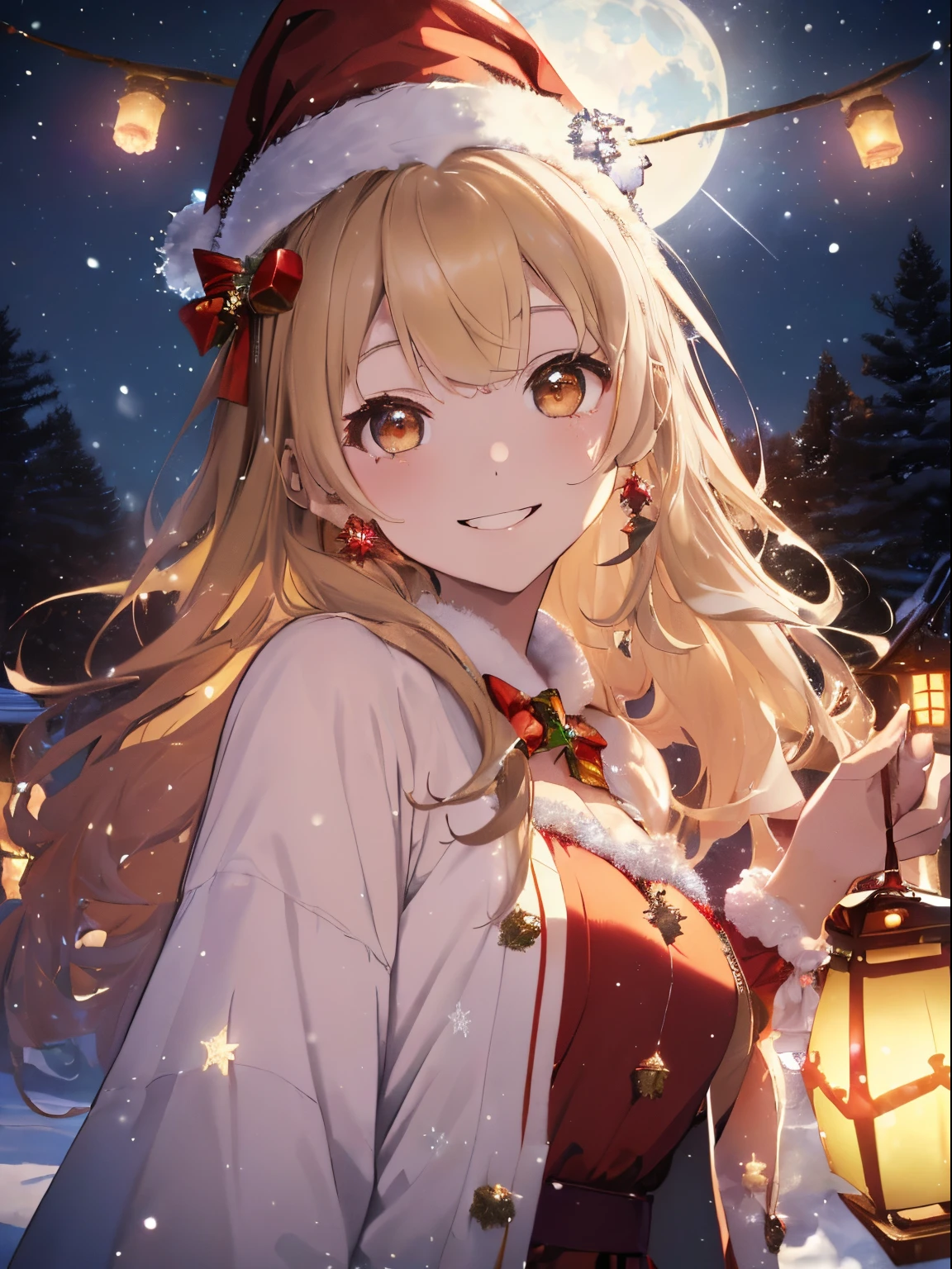 (fullmoon),(Fantastic night sky with colorful moon and stars),((colorful lights are shining)),(tome'It's snowing a little),(Winter idol-like fluffy costume),(Witch-like costume),Red and white Santa Claus costume,((Wizard Hat)),((Fantastically glowing colorful lanterns)),(A forest with many strangely shaped trees),((Cast a spell with a magic wand tipped with a jewel)),Fantasy atmosphere,((A tree decorated like a Christmas tree々)),Slight red tide,((Thin blonde hair)),((Curled Hair)),((Brown eyes)),Looking at me with a smile,(Kamimei),(close up of face)