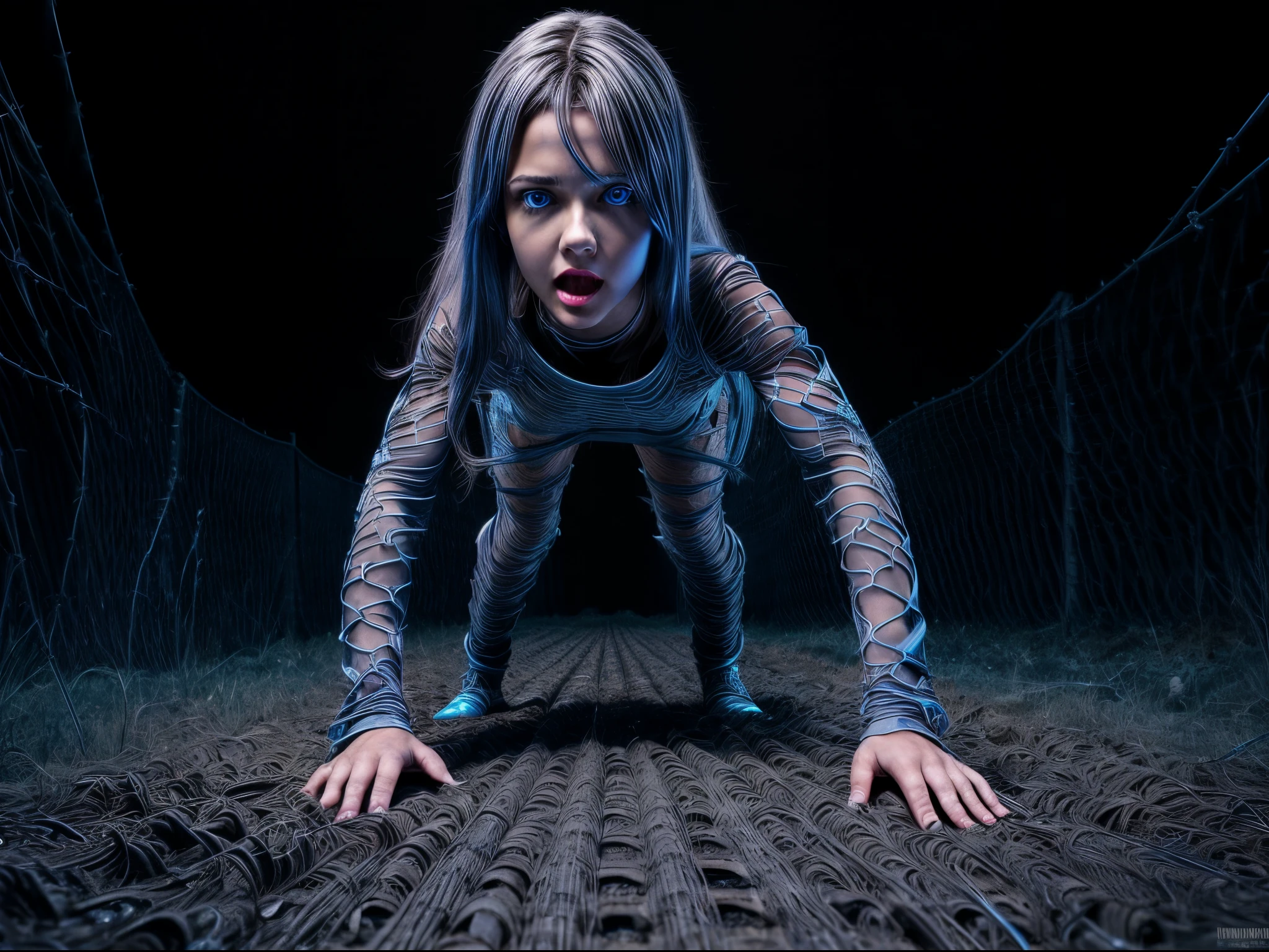 (masterpiece), realistic, cinematic light, 3 soldier girls, crawling forward while crawling through the barbed wire fence, outdoor, ultra miniskirt, full body, beautiful eyes, silver hair, perfect anatomy, very cute, (blue eyes) , bioluminescence, 8 life size,8k resolution, human hands, elegant, approaching perfection, dynamic, highly detailed, character sheet, concept art, smooth, facing directly at the viewer positioned so that their body is symmetrical and balanced, stunningly beautiful teenage girl, detailed hairstyle, her eyes tear up as she hold back the pain, open mouth and stick out tongue, from below and side, fractal art, torn camouflage uniform, carrying a sniper rifle