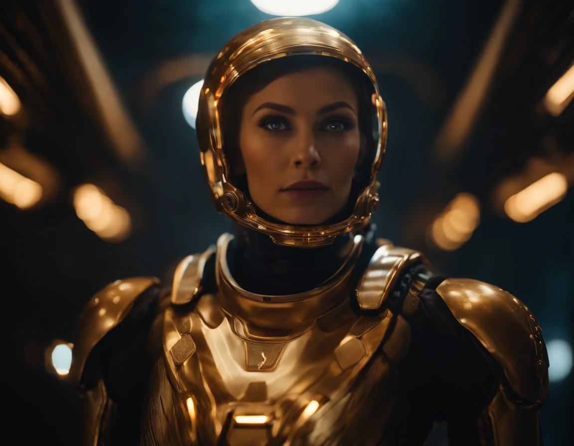 A team of Interestelar explores characters stands ready for a magical adventure in outer space. The central figure is a charming and charismatic man with piercing eyes and a modern space suit adorned with a golden mythical emblem, striking in a heroic stance. Accompanying them are an extraterrestrial-like figure, an astonishing beautiful woman with glowing facial markings, and a fierce humanoid android with fiery eyes. The group is enveloped in a vibrant deep space light that highlights their power and unity, infusing the scene with a sense of epic and anticipation, UHD