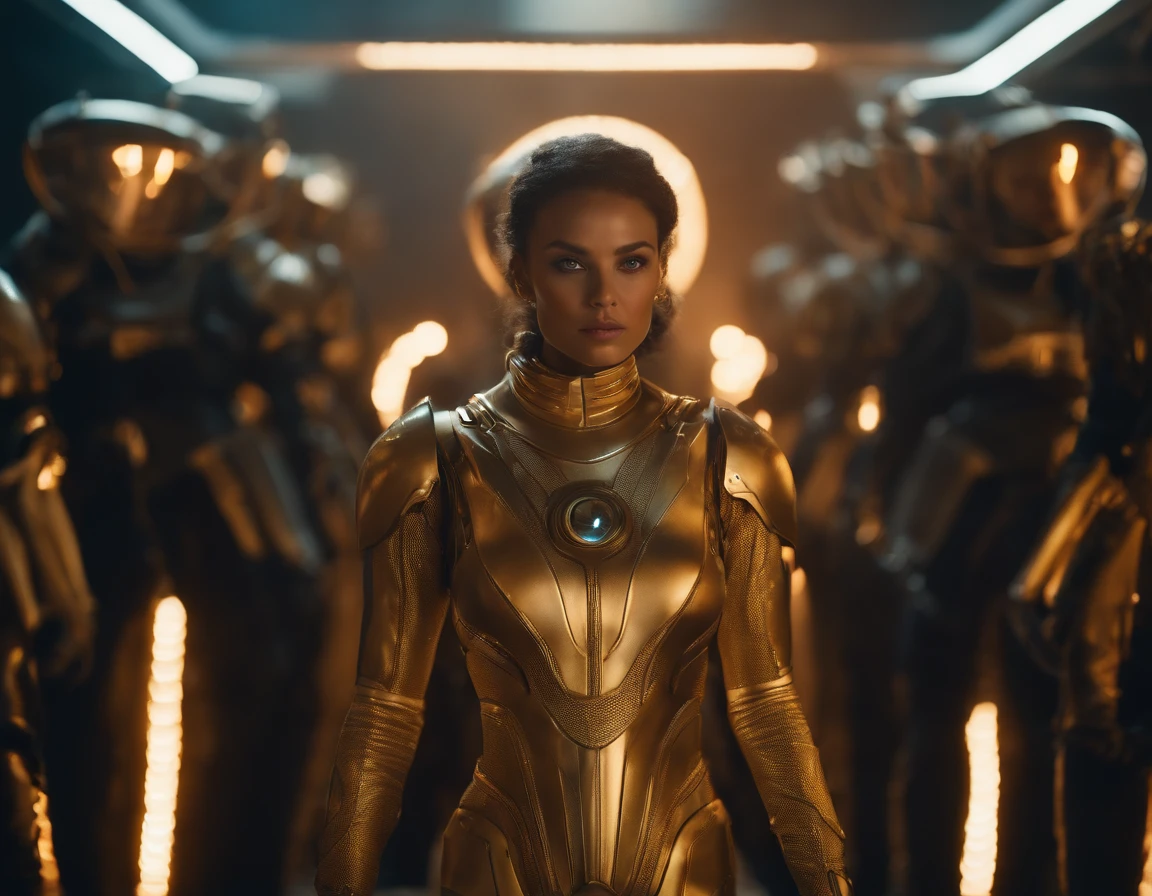 A team of Interestelar explores characters stands ready for a magical adventure in outer space. The central figure is a charming and charismatic man with piercing eyes and a modern space suit adorned with a golden mythical emblem, striking in a heroic stance. Accompanying them are an extraterrestrial-like figure, an astonishing beautiful woman with glowing facial markings, and a fierce humanoid android with fiery eyes. The group is enveloped in a vibrant deep space light that highlights their power and unity, infusing the scene with a sense of epic and anticipation, UHD