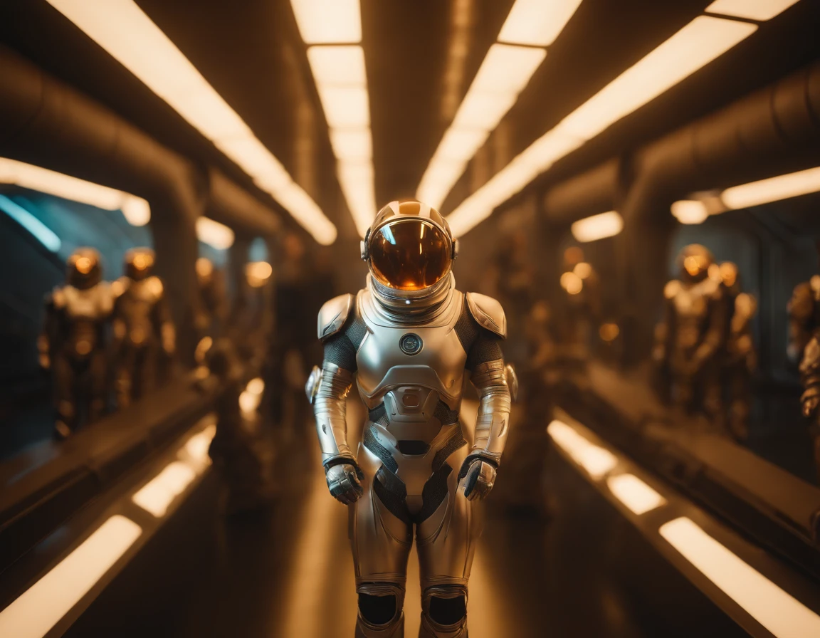 A team of Interestelar explores characters stands ready for a magical adventure in outer space. The central figure is a charming and charismatic man with piercing eyes and a modern space suit adorned with a golden mythical emblem, striking in a heroic stance. Accompanying them are an extraterrestrial-like figure, an astonishing beautiful woman with glowing facial markings, and a fierce humanoid android with fiery eyes. The group is enveloped in a vibrant deep space light that highlights their power and unity, infusing the scene with a sense of epic and anticipation, UHD