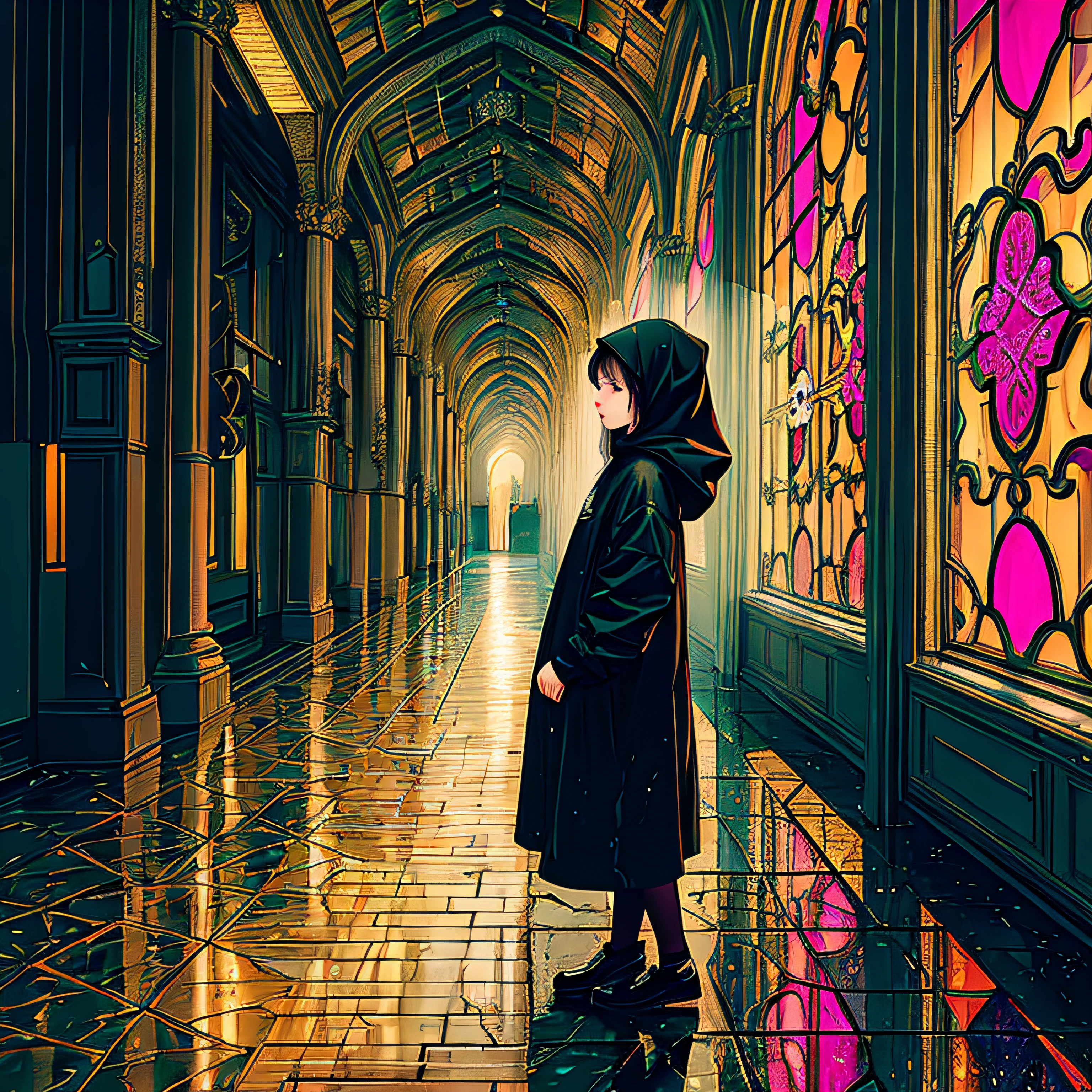 (masterpiece, top quality, best quality, official art, beautiful and aesthetic:1.2), moslem girl, pray alone in the rain with a jacket in a dark city, extreme detailed,highest detailed, optical mixing, playful patterns, lively texture, unique visual effect