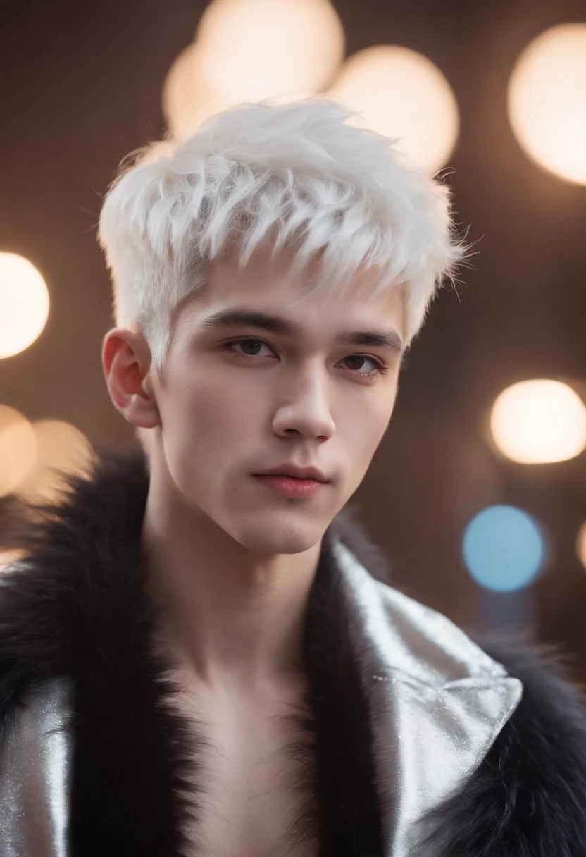 A young man, 20 years old, White hair, 2 block haircuts , Shirtless, Wearing a black fur coat , Reality Photography, Reality Skin, Detailed skin, glowing light eyes, biomechanical, eery, creepy, nightmarish, Very bright colors, light Particle, with light glowing, Musif, Wallpaper Art, UHD Wallpapers