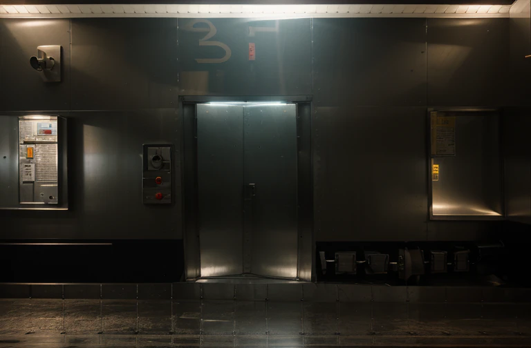 heaven elevator room,There are steel partitions on the ground,You can see through the lens that there is hell below,In the lower right corner of the elevator is a view of heaven,In the upper left corner is a hook outlining a man in heaven