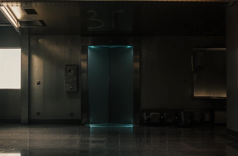 heaven elevator room，There are steel partitions on the ground，You can see through the lens that there is hell below，In the lower right corner of the elevator is a view of heaven，In the upper left corner is a hook outlining a man in heaven