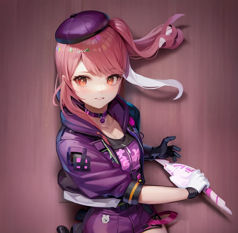 Wearing a yellow jacket、Wearing purple gloves、anime girl holding purple umbrella, heroines 👀 :8, chiaki nanami,  From the maiden front, persona 5 art style wlop, (animemanga girl), High quality anime art style, Shoujo Frontline CG, girls frontline universe, Girly frontline style, High-quality fanart