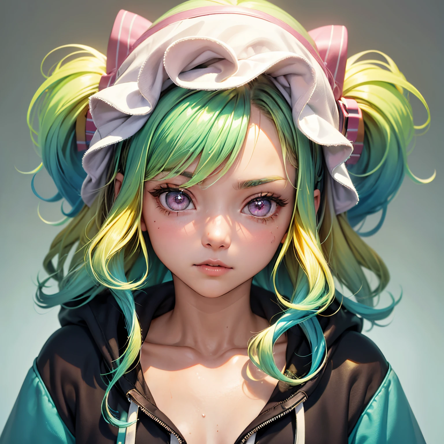 1girl in, Solo, Solo Focus, Cowboy Shot, Portrait, oversized hoodie, Aqua green and white hoodie, Half Aqua, Half Green, ((Brown hair)), (Yellow hair), (Gradient Hair :1.5), Curly hair, ((Pink eyes)), ultradetailed eyes, asa, (Caramel black skin:1.1), Best Quality, Ultra-detailed, White background, Simple background