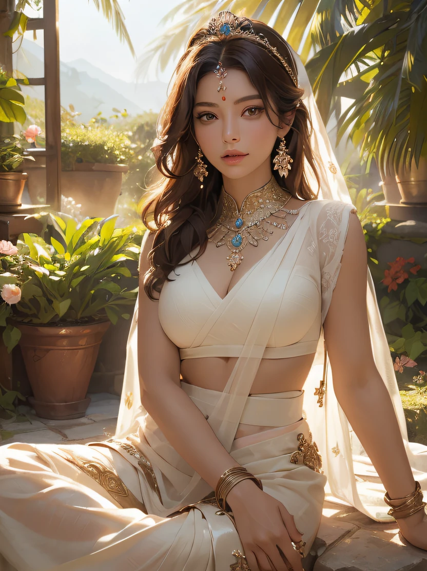 ((​masterpiece、top-quality、realisitic、ultra-detailliert、hight resolution、Photorealsitic、foco nítido、lighting like a movie))、Stunning portrait of a beautiful woman、face lights、High brightness、Frontal lighting、cowboy  shot、(Complex and beautiful facial features、Brown skin、Attractive body)、Modern Indian Goddess、(Transparent Red Sari)、Dynamic Pose、diadems、rich colours、Look at viewers、Detailed hand depiction、midday garden