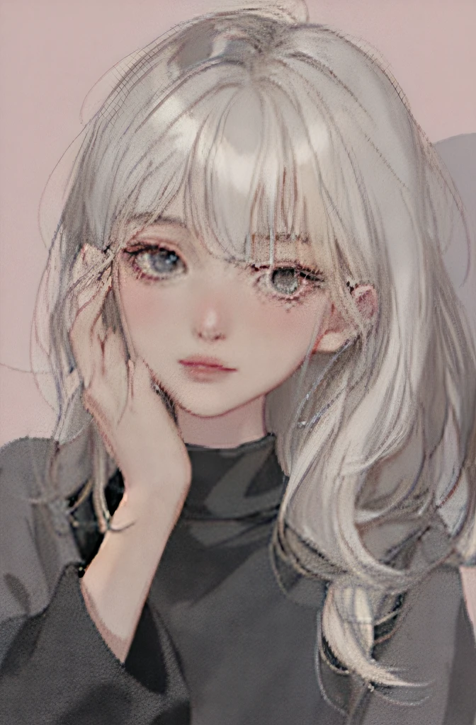 tmasterpiece:1.6,top-quality:1.4,real photograph:1.2,Complicated details:1.2,1 Female upper body,(eye bags:1.6),
luring:: 1.25, slenderness: 1.3, with brown eye, beautidful eyes, sharp piercing eyes, pink lipstick1.3, eyeliner1.3 Clothing:(puff sleeve black shirt),
the hair:(wavy white hair),
putting makeup on:natural,Glowing skin,ssmile,黑The eye
(simplebackground,The subject:1.3,Margin 1.6),(Extreme closeup:0.8),