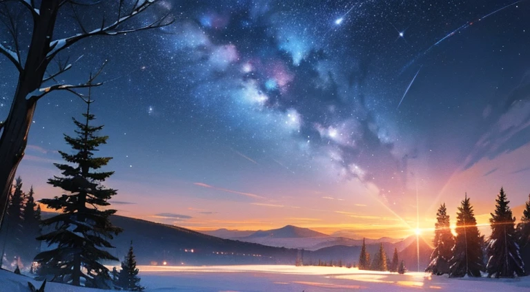 night sky full of stars、landscapes、the woods、sunrises