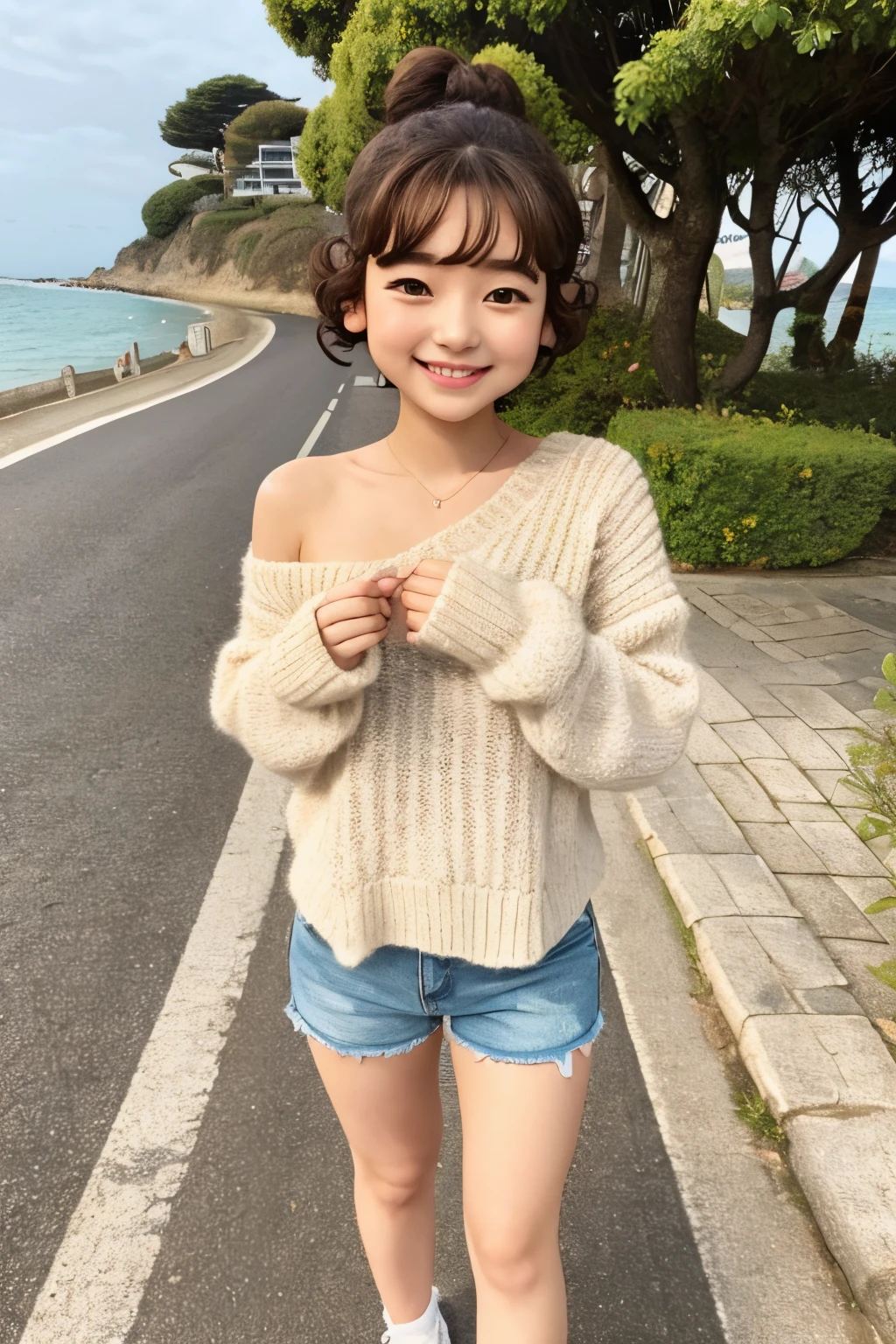 Shoulder sweater, Curly shorthair, hair scrunchie, Twin-tailed, kawaii pose、ssmile、Stroll along the seaside path
