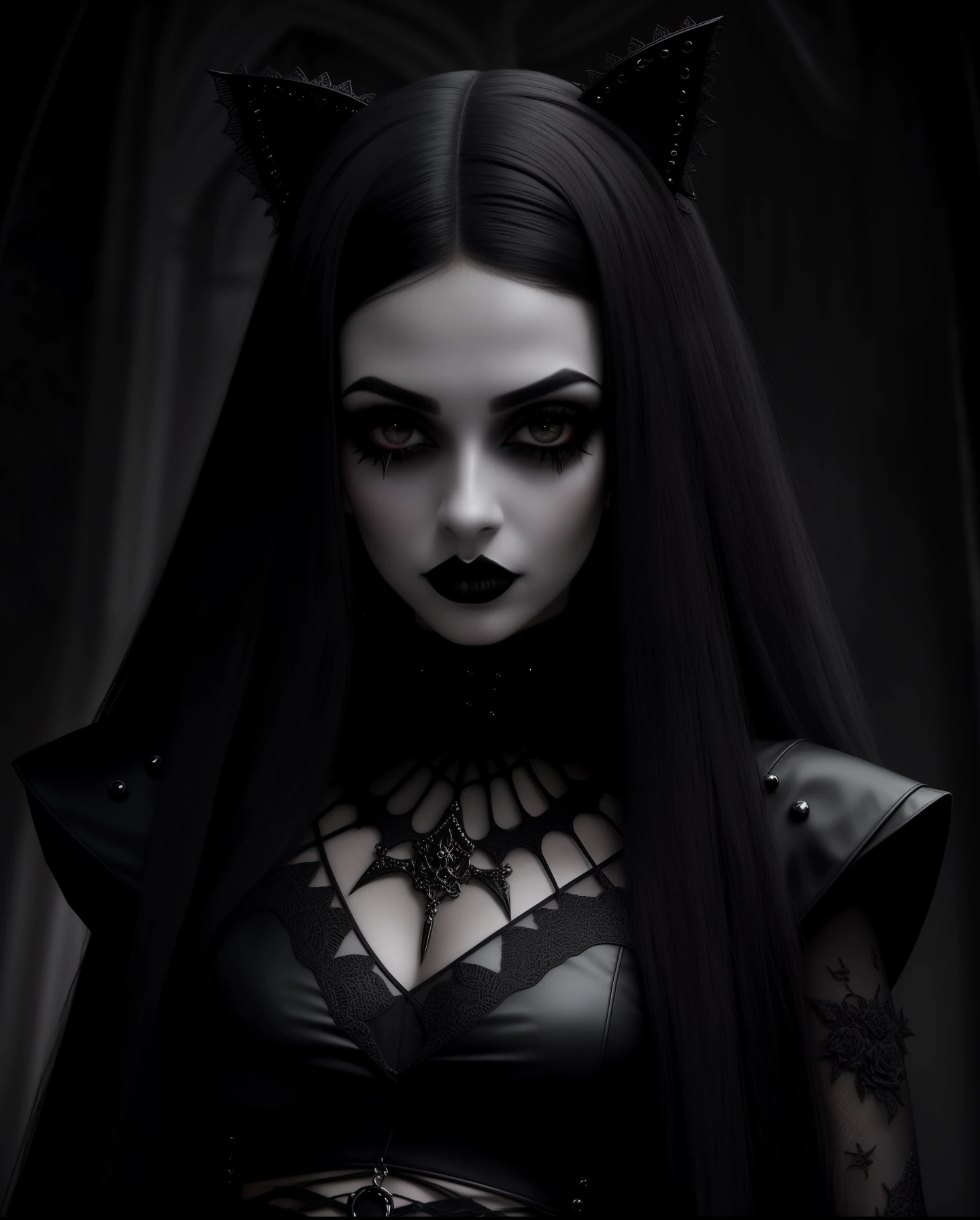 (1mulher) arafada com maquiagem preta e um espartilho preto com um top preto, pale goth beauty, 1 7 - year - old goth girl, gothic and futuristic, gothic aesthetic, goth girl, cybergoth, neo goth, goth woman, portrait of a goth catgirl, Gothic style, very beautiful goth top model, gothic horror vibes, gothic aesthetic