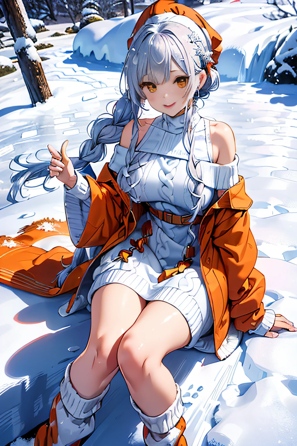 (ukiyoe painting:1.3),(3D Animation:1.3),(((in snow:1.3))),(covered in snow:1.3),(((Snow on the body:1.3))),(Make the subject look three-dimensional with the contrast of light and shadow),(((Winter snowy mountain climbing scenery:1.3))),cute and beautiful adult woman,Cute round face,Cute smile,with blush cheeks,Red Lip,(((Orange Open Short Duffle Coat:1.3))),(((Off-the-shoulder sweater dresses:1.3))),Knitted hats,long boots,gloves,(silver white hair,Floral braided headband,half up、Floral Braided Space Van,Voluminous Fishtail Braids,Twisted chignon,),(Bangs are see-through bangs),hair pin,hair adornments,(((Emphasize large breasts:1.3))),breast slip,detailed clothes features,Detailed hair features,detailed facial features,(Dynamic angles),(Dynamic and sexy poses),profetional lighting,Cinematic Light,(masutepiece,top-quality,Ultra-high resolution output image,) ,(The 8k quality,depth of fields,Anatomically accurate facial structure,),(Sea Art 2 Mode:1.3),(Image Mode Ultra HD,)