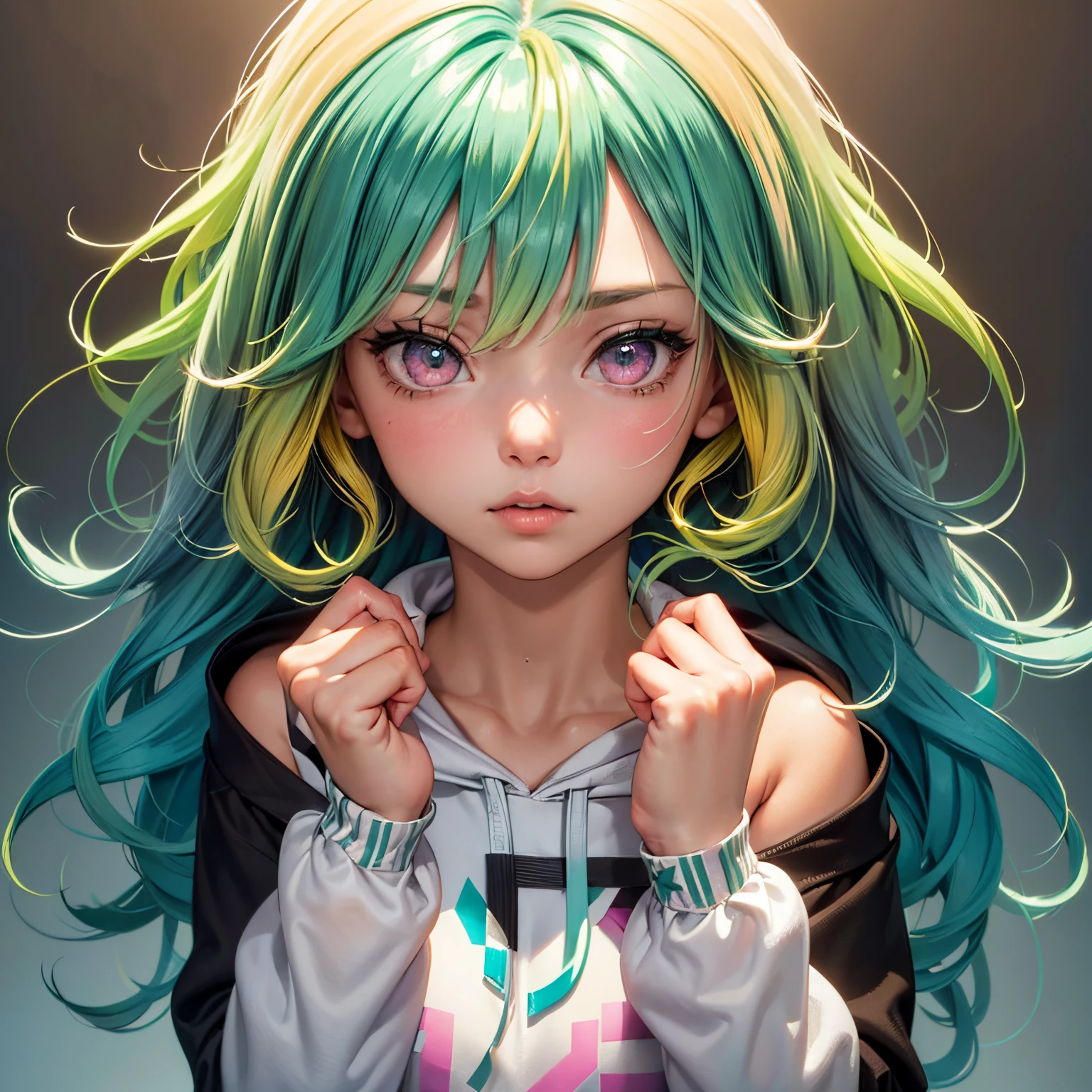 1girl in, Solo, Solo Focus, Cowboy Shot, Portrait, oversized hoodie, Aqua green and white hoodie, Half Aqua, Half Green, ((Brown hair)), (Yellow hair), (Gradient Hair :1.5), Curly hair, ((Pink eyes)), ultradetailed eyes, asa, (Caramel black skin:1.1), Best Quality, Ultra-detailed, White background, Simple background