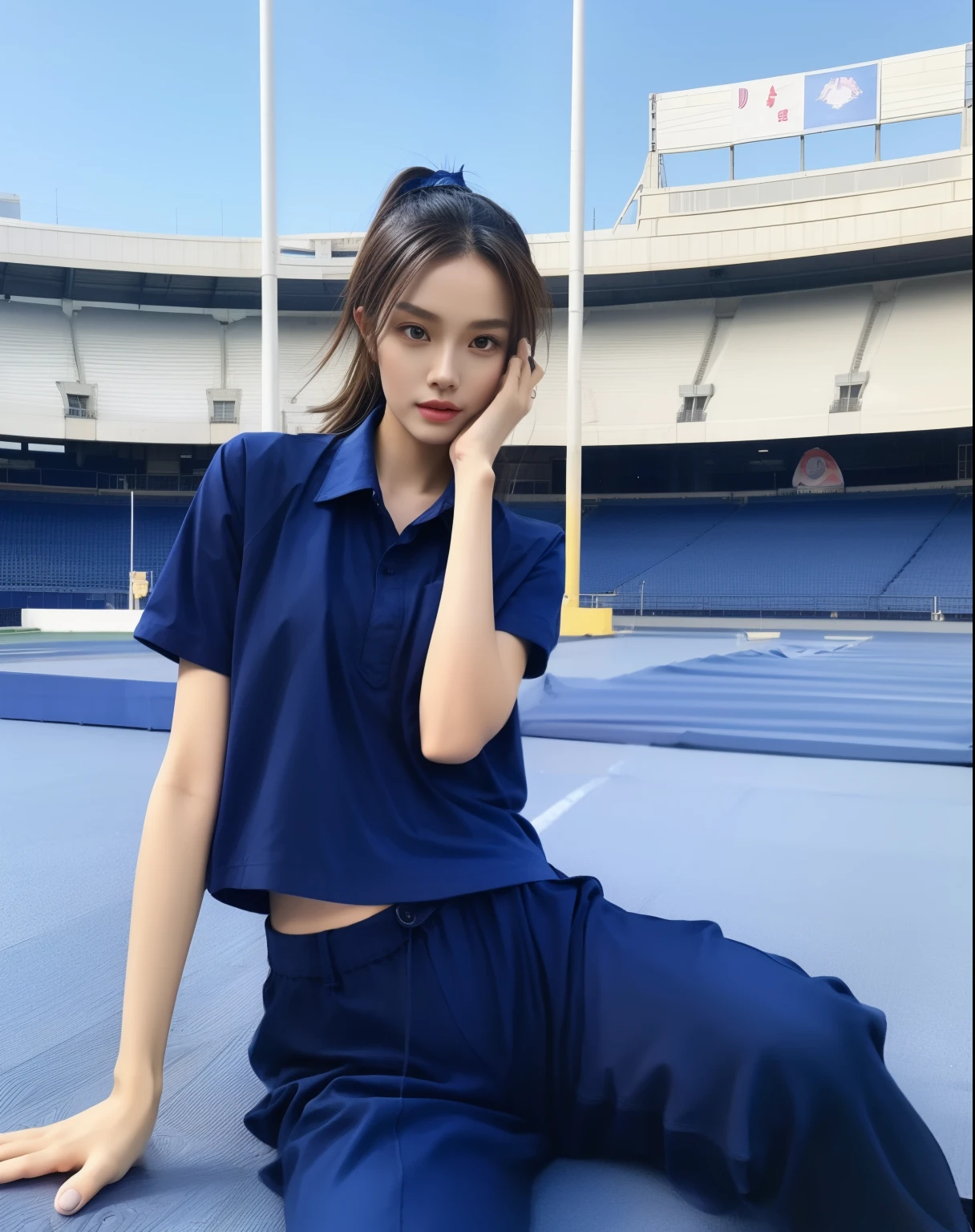 (bestquality,10,10,highres,masterpiece:1.2),ultra-detail,(Realistic,photorealistic portrait,photo-realistic:1.37),1 cute girl sitting on the football field,oily shiny skin,bara,light smile,BDclothes,((blue shirt:1.3)),short sleeves,shirt, trousers.,(navy_long_Pants Track:1.1), ((Stadium Background:1.3)),dynamic angle,excited,face focus,Dynamic Poses,from behide,Ass Focus,masterpiece, bestquality, ultra realistic, hyper-detail, 8k resolution, RAW photo, crisp focus, ((Navy blue shirt:1.1)), short sleeves, Long Path, Perfect body, 2 mature women, 18yo, cinematic light,Blue sweatpants,Gymware,Correct anatomy,Complete body, Correct body, sharp face, Anatomically correct body, full entire body, Realistic gestures, long-haired, Realistic poses,Wear long shorts.......................,Long leg span,Shapely,Sculpting Girl, Slender Figure, mannequin mannequins, Shapely, Beautiful body,Blue sweatpants