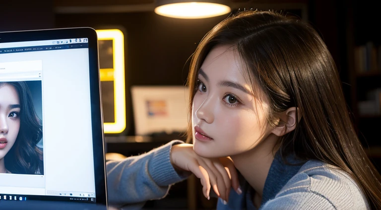 A young woman sitting and using a computer,leisure wear,Hyper-realistic portraits,The background is a computer studio,Very detailed details,highest quality,Full face