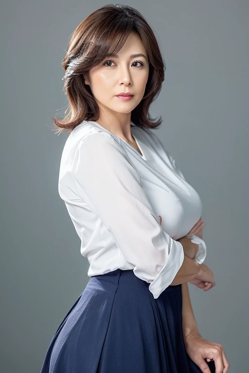 Pale solid color background,masutepiece, Best Quality, Photorealsitic, super detailed skin, Sharpen, Perfect Anatomy, Anatomy, japanese mature, 独奏, 45 yers old, Large breasts, Plump body, Keep your mouth tightly closed, Serious look,female teacher, glamor, A sexy, Chromo-white skin, erect through, from thighs to head, White blouses,Navy blue skirt, Staring at this, Looking at Viewer