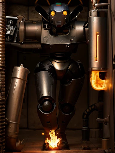 There's a robot with an interior filled with pipes, robot in the back, Someone is running away in front, Robot pipe tentacles breathing fire in the background, The robot is big, There are many people running away under the robot's feet, People are very small