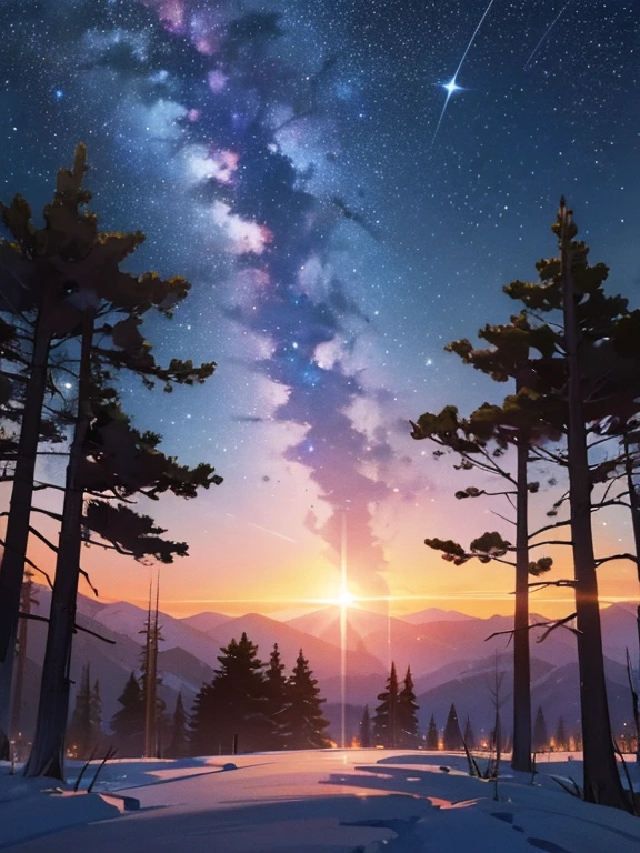 night sky full of stars、landscapes、the woods、sunrises