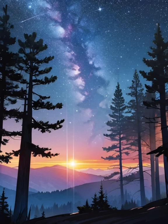 night sky full of stars、landscapes、the woods、sunrises
