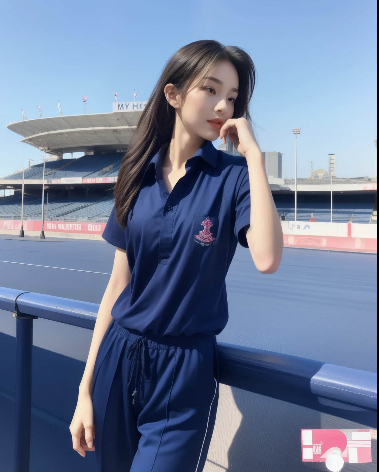 (bestquality,10,10,highres,masterpiece:1.2),ultra-detail,(Realistic,photorealistic portrait,photo-realistic:1.37),1 Cute girl in the football field,oily shiny skin,bara,light smile,BDclothes,((blue shirt:1.3)),short sleeves,shirt, trousers.,(navy_long_Pants Track:1.1), ((Stadium Background:1.3)),dynamic angle,excited,face focus,Dynamic Poses,from behide,Ass Focus,masterpiece, bestquality, ultra realistic, hyper-detail, 8k resolution, RAW photo, crisp focus, ((Navy blue shirt:1.1)), short sleeves, Long Path, Perfect body, 2 mature women, 18yo, cinematic light,Blue sweatpants,Gymware,Correct anatomy,Complete body, Correct body, sharp face, Anatomically correct body, full entire body, Realistic gestures, long-haired, Realistic poses,Wear long shorts..........................,Long leg span,Shapely,Sculpting Girl, Slender Figure, mannequin mannequins, Shapely, Beautiful body,Blue sweatpants, Two girls kissing