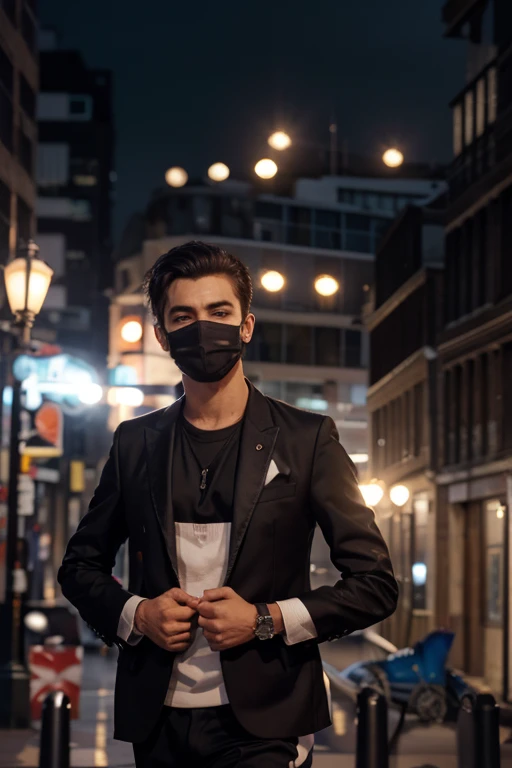 Change background and put London building evening, change ultrapunk handsome boy, mask remains same,8k , ultra realistic