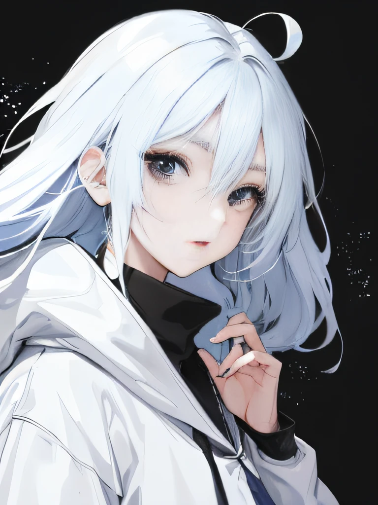 Ridiculous resources, tmasterpiece, Best quality at best, light toned, korean girls in kpop，There is a beautiful face , beautiful white blue hair , Characters in web comics, Anime black eyes，Blue sweatshirt, Masterpiece background, detailedbackground，Delicate nose