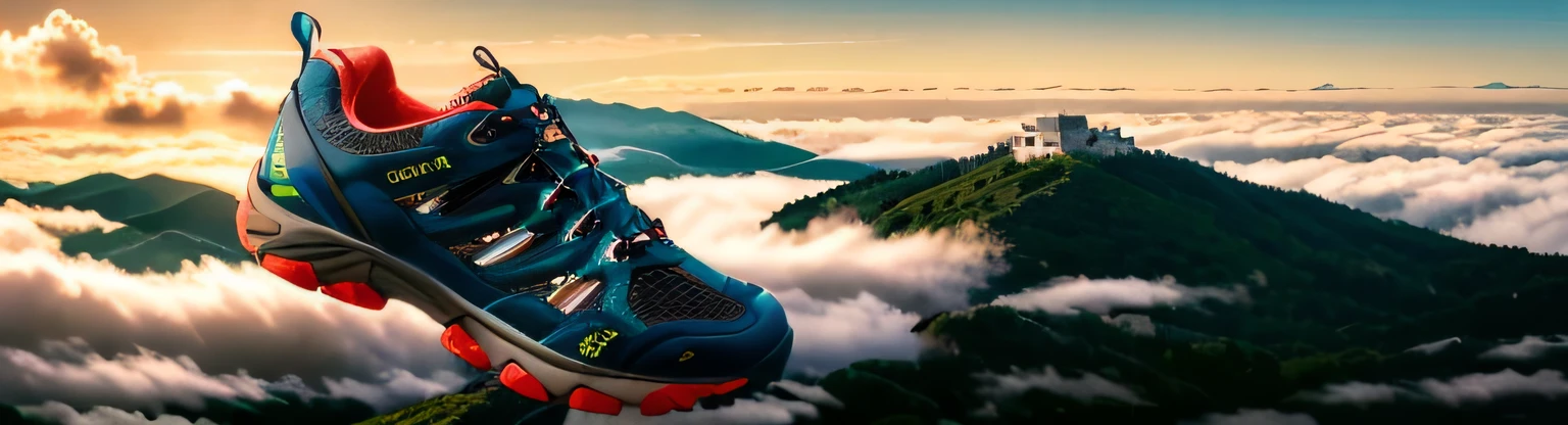 (Close-up of a pair of hiking boots),(Best quality,4K,8K,A high resolution,tmasterpiece:1.2),Monte,,'s,dispassionate,a gorgeous,peaceful,endless rolling hills,Broad perspectives,majestic mountain peaks,Lush greenery,dark blue sky,,spectacular sunset,magical dusk,foggy morning,Dim sunlight,,majestic height,endless horizon,calm silence,rolling scenery,Nature views,Towering mountains,It's breathtakingly beautiful,natural majesty,perennial trees,billowing clouds,Paradise Paradise,Mystic aura,unspoiled nature.