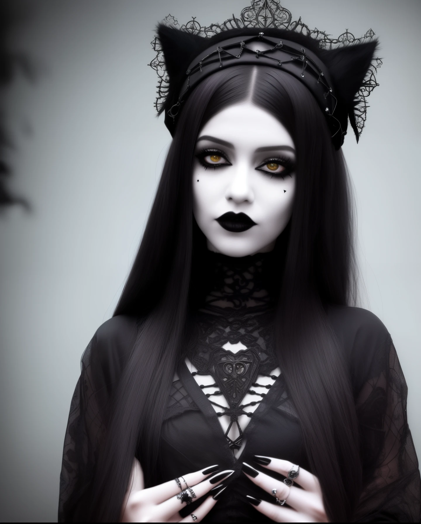 arafed woman with a choke on her neck in a car, goth girl aesthetic, 1 7 - **** - *** goth girl, darkwave goth aesthetic, pale goth beauty, pale skin and dark eyes, black sullen eyes, gothic horror vibes, goth aesthetic, with black eyes, dark aesthetic, goth girl, gothic girl face, with black sclera eyes