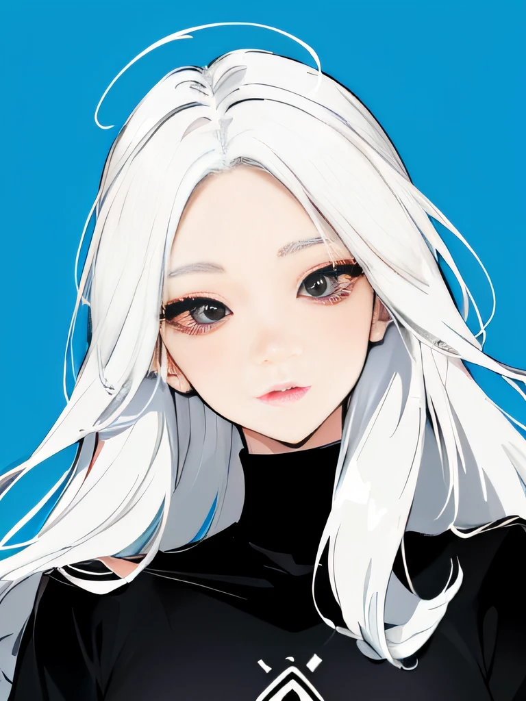 Ridiculous resources, tmasterpiece, Best quality at best, light toned, korean girls in kpop,There is a beautiful face , beautiful white hair , Characters in web comics, Anime black eyes,Blue sweatshirt, Masterpiece background, detailedbackground,Delicate nose