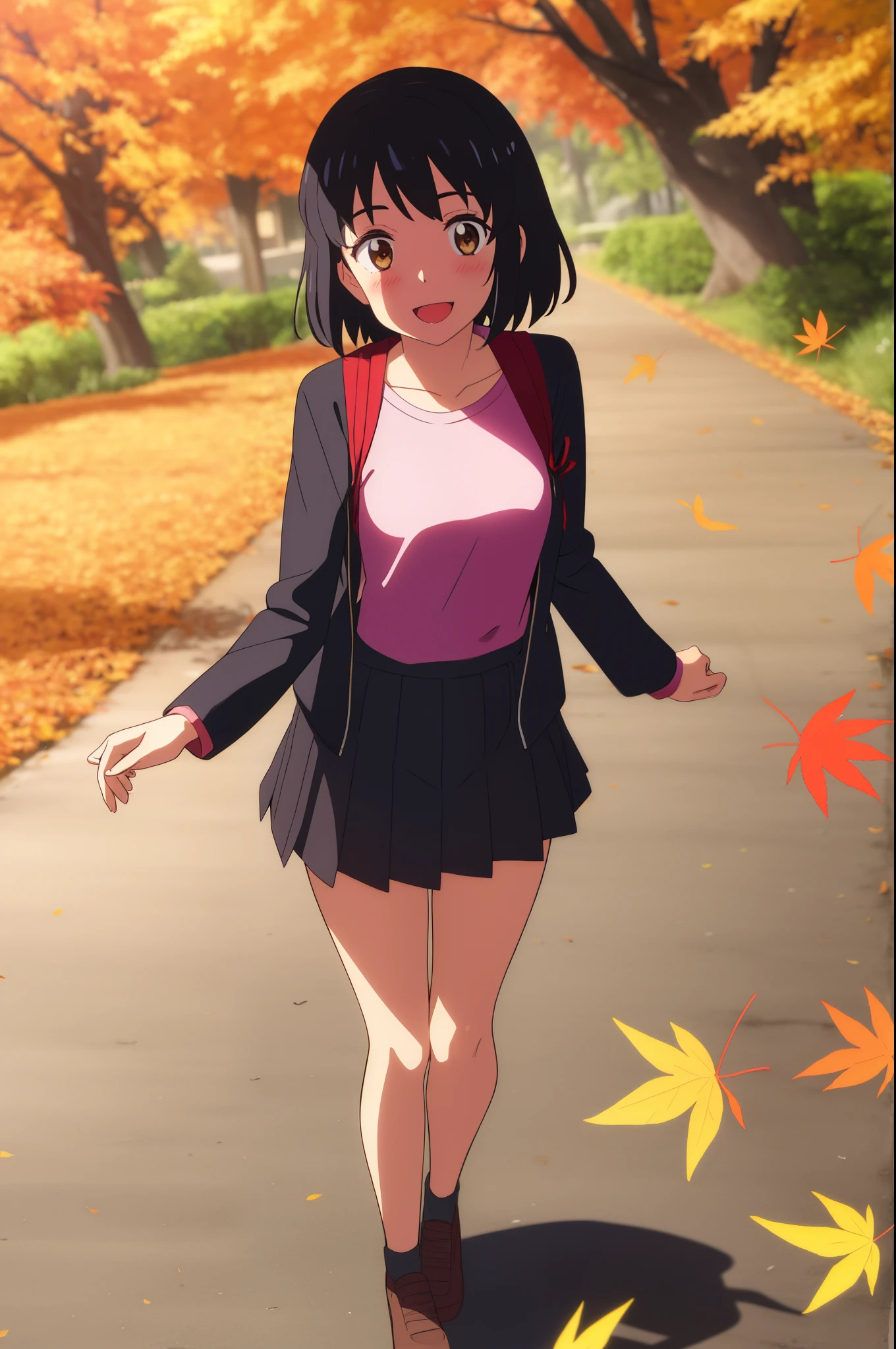 shinkai makoto, kimi no na wa., 1girl, bangs, black hair, blush, bright eyes, brown eyes, headband, looking at the viewer, red bow, red headband, red ribbon, t-shirt, short hair, medium breasts, solo, skirt, pretty shirt, long sleeves, day, Outdoors, shiny skin, standing, shadow, short jacket, smile, happy, :D, full-body, {{{gorgeous Illustration}}}, {{{{masterpiece}}}}, {{{{{{in autumn}}}}}}, maple tree, falling leaves, {{{{fluttering leaves}}}},{{{{{{motion lines}}}}}}, dynamic pose, {{intense angle}}