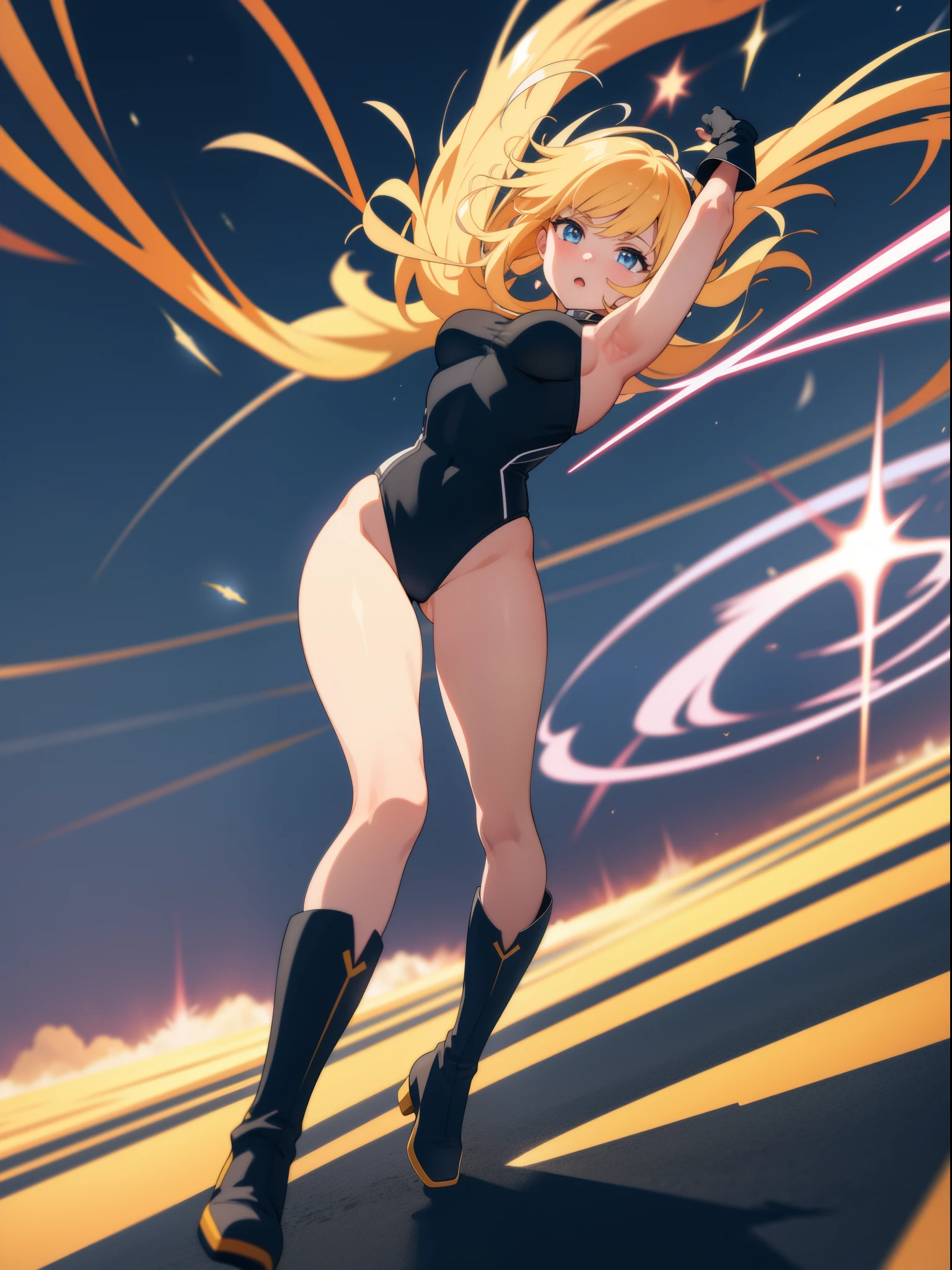 1girl, medium breasts, leotard, high cut leotard, bare legs, tight belt, boots, gloves, city backdrop, solo, single, raised arms, standing, twirling, spinning like a tornado, wind swirls surrounding her body, energy emitting from her body, full body shot, cowboy shot, superpower, tornado spinning, rapid gyration, super speed, speed lines, tornado wind swirls surrounding her body, super spin