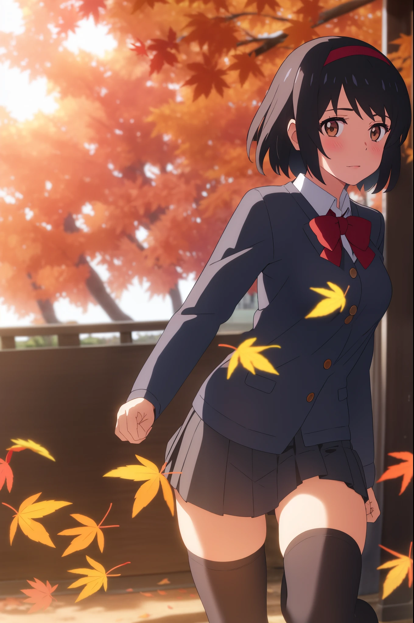 shinkai makoto, kimi no na wa., 1girl, bangs, black hair, blush, bright eyes, brown eyes, headband, looking at the viewer, red bow, red headband, red ribbon, t-shirt, short hair, medium breasts, solo, skirt, pretty shirt, long sleeves, day, Outdoors, shiny skin, standing, shadow, short jacket, full-body, {{{gorgeous Illustration}}}, {{{{masterpiece}}}}, {{{{{{in autumn}}}}}}, maple tree, falling leaves, {{{{fluttering leaves}}}},{{{{{{motion lines}}}}}}, dynamic pose, {{intense angle}}