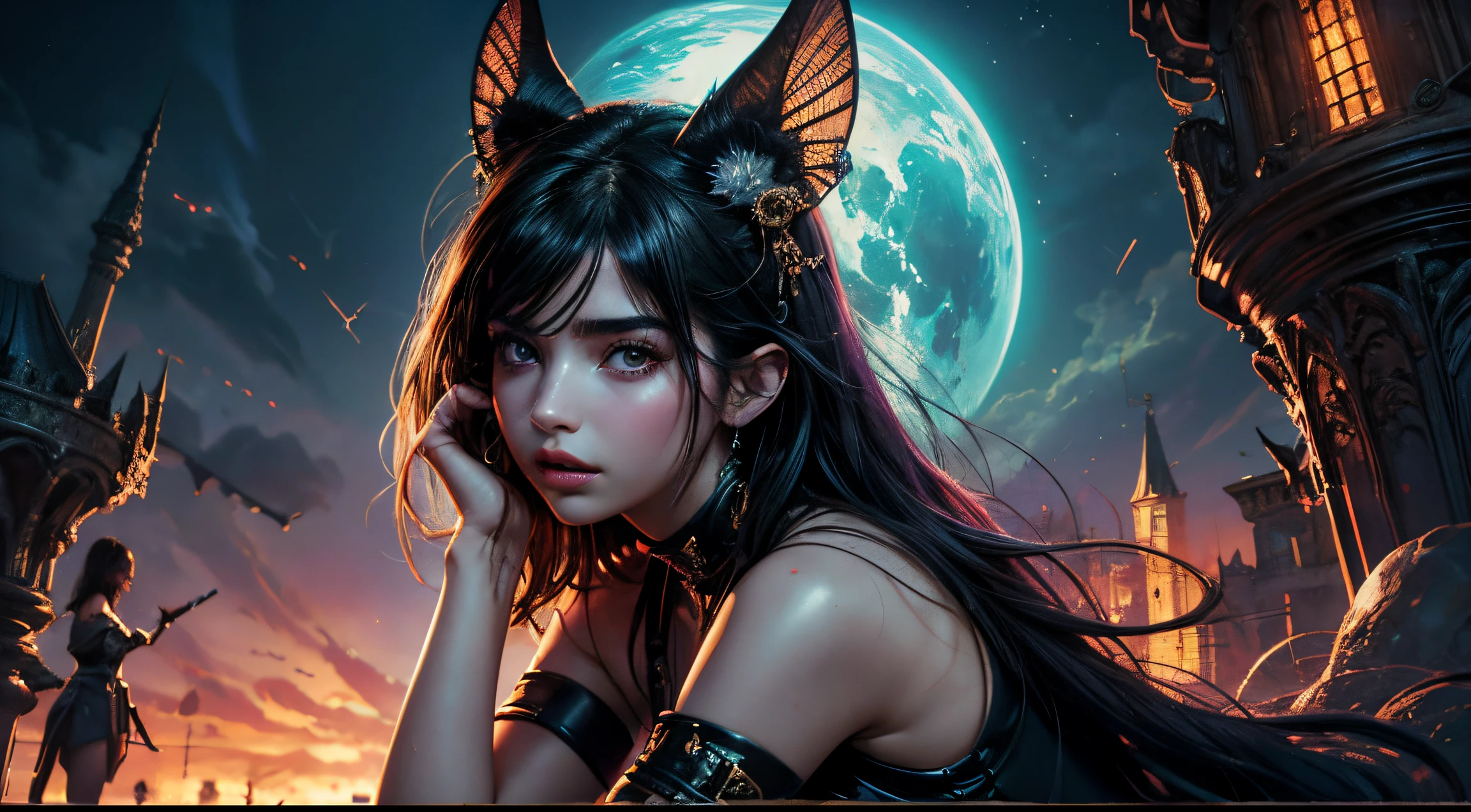filmposter,hyper HD,A high resolution,A succubus with the face of Emily Rudd: Dua Lipa, Sensual posture, (Medium focus lens:1.8), concept-art, Gorgeous castle background, abstract beauty, the ultra-detailed, brome style
