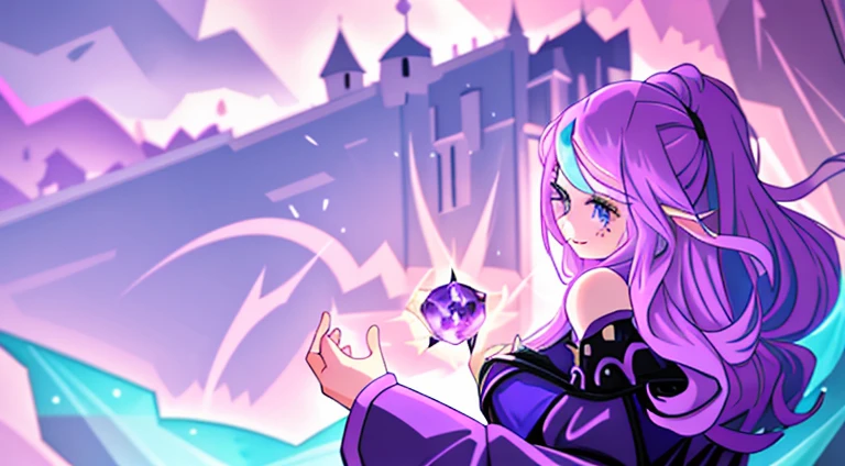 Close-up of a cartoon girl with long hair and purple dress, concept art magical highlight, Mysterious League of Legends, a sorceress casting a ice ball, heartstone original art style, girls frontline style, Mana flows around it, League of Legends Arcana, Arcane : league of legend